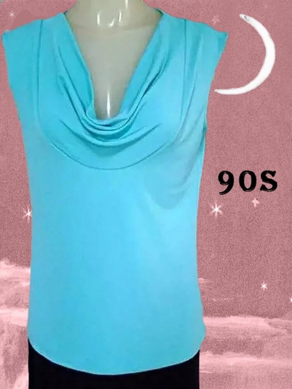Sleeveless Draped Cowl Tank Top, Slinky Draped Aqua Knit - 90s - Picture 1 of 7